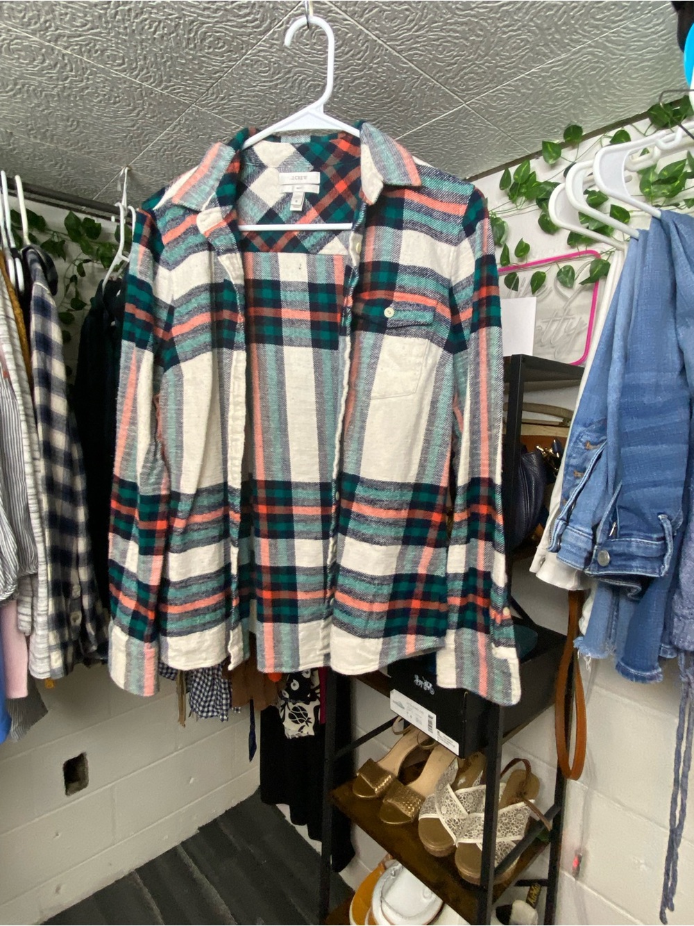 J. Crew Cream Plaid Button-Down with Teal & Coral Stripes in boy style